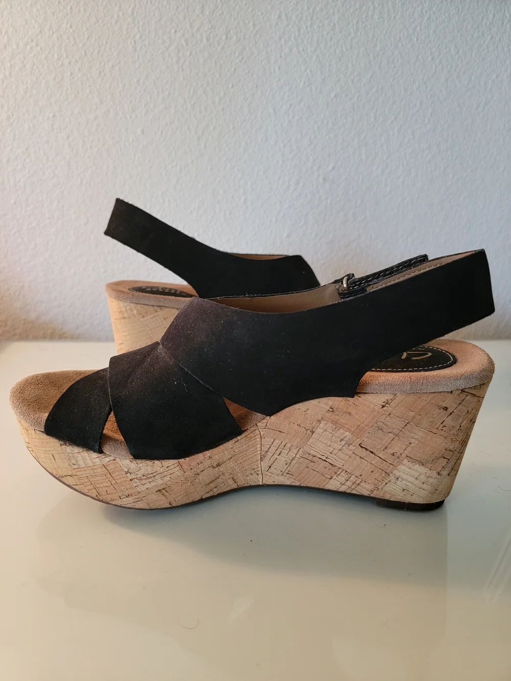 Clarks Artisan Black Suede Cork Wedge Slingback Sandals